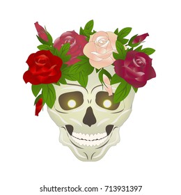 Sugar skull for celebrating the Mexican day of the dead with a wreath of beautiful roses. Burning eyes. Calavera. Vector illustration, isolated on white background.