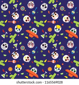 Sugar Skull Characters celebrating Cinco de Mayo in a fun, spooky seamless vector pattern repeat. Repeating patterns are great for webpage backgrounds, packaging, or surface designs.