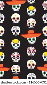 Sugar Skull Characters celebrating Cinco de Mayo in a fun, spooky seamless vector pattern repeat. Repeating patterns are great for webpage backgrounds, packaging, or surface designs.