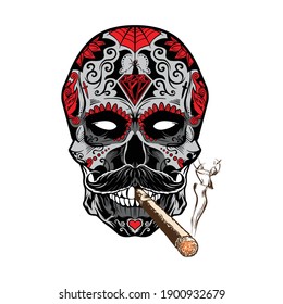 Sugar skull with cigar and smoke dead head skull vector illustration.