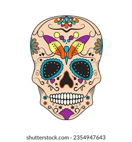 Calavera de azúcar con una decoración colorida. Día del símbolo Muerto. Símbolo de la cráneo de azúcar colorida de la celebración mexicana