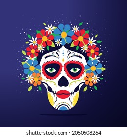 Sugar skull with colorful flowers used in traditional Mexican Dia de los Muertos celebration. Flat design style. 