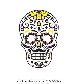 Sugar skull. Colorful tattoo. Mexican Day of the Dead. Vector illustration for coloring book.