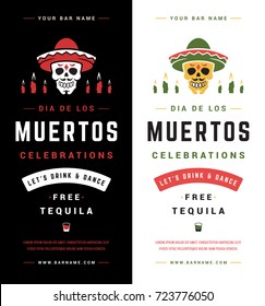 Sugar Skull colorful Vector illustration on black and white Background. Day Of The Dead Celebration Night Party promotion flyer With Traditional Mexican Skull. Dia De Los Muertos.