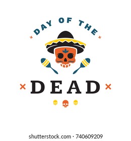 Sugar Skull colorful Vector illustration isolated on white Background. Day Of The Dead Celebration badge template With Traditional Mexican Skull in vintage style. Dia De Los Muertos.