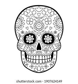 Sugar Skull coloring page. Day of The Dead sugar skull with floral ornament. Coloring page
