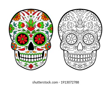 sugar skull coloring page. Sugar Skull With Doodle Floral Pattern