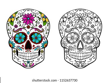 sugar skull coloring page, and an example of coloring