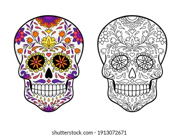 sugar skull coloring page, and an example of coloring