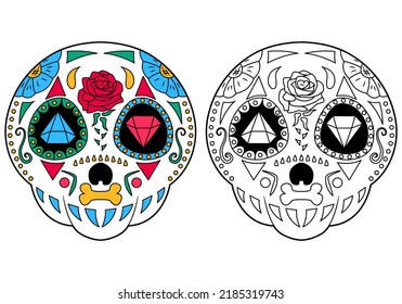 Sugar skull - coloring page with coloring example. The day of the Dead. Coloring book, design element for poster, card, banner, print.