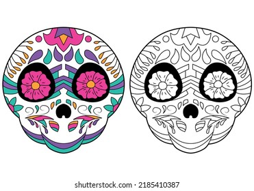 Sugar skull - coloring page with coloring example. The day of the Dead. Coloring book, design element for poster, card, banner, print.