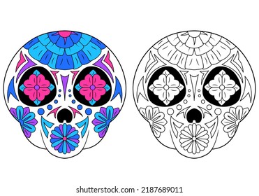 Sugar skull - coloring page with coloring example. The day of the Dead. Coloring book, design element for poster, card, print.