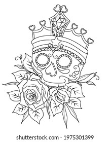 Sugar Skull and the crown with roses outline illustration vector for adult coloring book page, spooky scary Halloween