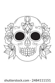 Sugar Skull, Día de los Muertos. Un dibujo de contorno de un cráneo decorado con flores. Unas vacaciones mexicanas.