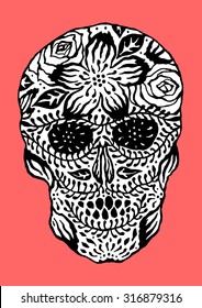 sugar skull day of the dead, flower floral pattern design vector illustration, rose orchid sakura leaf vintage style black and white