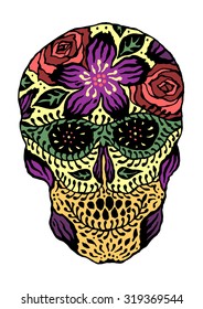 sugar skull day of the dead, flower floral pattern design vector illustration, rose orchid sakura leaf vintage style colorful