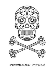 Sugar Skull day of the dead golden illustration with crossed bones.