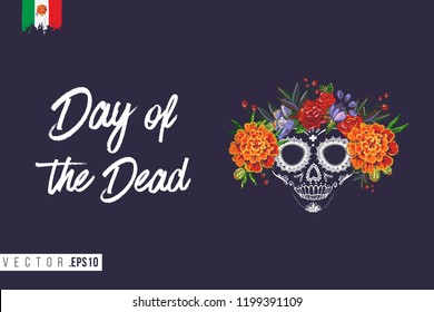 Sugar skull for Day of the Dead Halloween celebration. Traditional Mexican autumn festival. Invitation flyer template with text: day of the dead. Greeting card with black background.