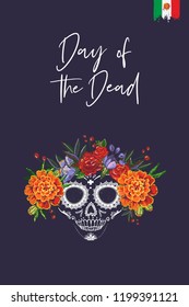 Sugar skull for Day of the Dead Halloween celebration. Traditional Mexican autumn festival. Invitation flyer template with text: day of the dead. Greeting card with black background.