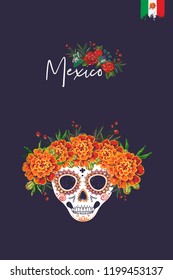 Sugar skull for Day of the Dead Halloween celebration. Traditional Mexican autumn festival. Invitation flyer template with text: mexico. Greeting card with black background.