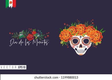 Sugar skull for Day of the Dead Halloween celebration. Traditional Mexican autumn festival. Invitation flyer template with text: dia de los muertos - day of the dead.