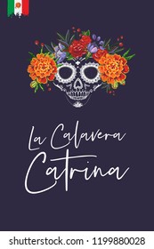 Sugar skull for Day of the Dead Halloween celebration. Traditional Mexican autumn festival. Invitation flyer template with text: la calavera catarina - the skull of catrina.