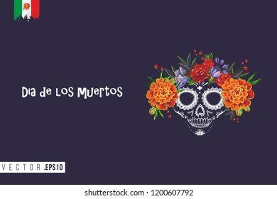 Sugar skull for Day of the Dead Halloween celebration. Traditional Mexican autumn festival. Invitation flyer template with text: dia de los muertos - day of the dead in spanish.