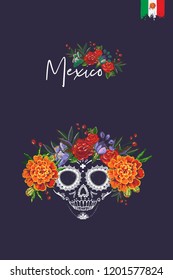 Sugar skull for Day of the Dead Halloween celebration. Traditional Mexican autumn festival. Invitation flyer template with text: mexico. Greeting card with black background.