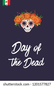 Sugar skull for Day of the Dead Halloween celebration. Traditional Mexican autumn festival. Invitation flyer template with text: day of the dead. Greeting card with black background.