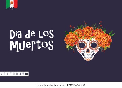 Sugar skull for Day of the Dead Halloween celebration. Traditional Mexican autumn festival. Invitation flyer template with text: dia de los muertos - day of the dead.