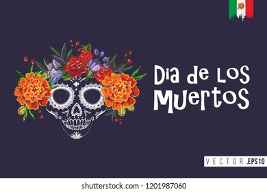 Sugar skull for Day of the Dead Halloween celebration. Traditional Mexican autumn festival. Invitation flyer template with text: dia de los muertos - day of the dead.