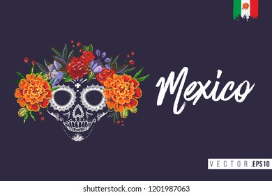 Sugar skull for Day of the Dead Halloween celebration. Traditional Mexican autumn festival. Invitation flyer template with text: mexico. Greeting card with black background.