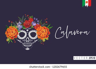 Sugar skull for Day of the Dead Halloween celebration. Traditional Mexican autumn festival. Invitation flyer template with text: calavera - skull on spanish. Greeting card with black background.