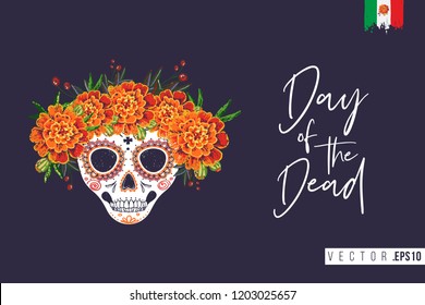 Sugar skull for Day of the Dead Halloween celebration. Traditional Mexican autumn festival. Invitation flyer template with text: day of the dead. Greeting card with black background.