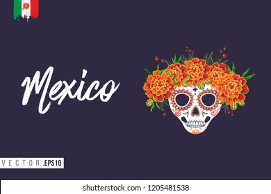 Sugar skull for Day of the Dead Halloween celebration. Traditional Mexican autumn festival. Invitation flyer template with text: mexico. Greeting card with black background.