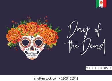 Sugar skull for Day of the Dead Halloween celebration. Traditional Mexican autumn festival. Invitation flyer template with text: day of the dead. Greeting card with black background.