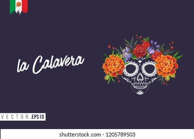 Sugar skull for Day of the Dead Halloween celebration. Traditional Mexican autumn festival. Invitation flyer template with text: la calavera - the skull. Greeting card with black background.