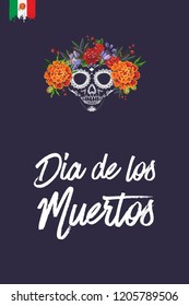 Sugar skull for Day of the Dead Halloween celebration. Traditional Mexican autumn festival. Invitation flyer template with text: dia de los muertos - day of the dead.