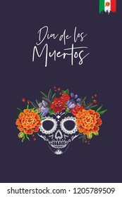 Sugar skull for Day of the Dead Halloween celebration. Traditional Mexican autumn festival. Invitation flyer template with text: dia de los muertos - day of the dead.