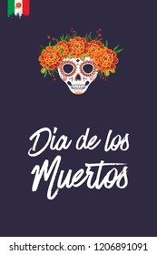 Sugar skull for Day of the Dead Halloween celebration. Traditional Mexican autumn festival. Invitation flyer template with text: dia de los muertos - day of the dead.