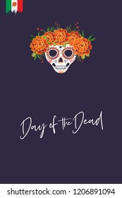 Sugar skull for Day of the Dead Halloween celebration. Traditional Mexican autumn festival. Invitation flyer template with text: day of the dead. Greeting card with black background.