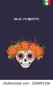 Sugar skull for Day of the Dead Halloween celebration. Traditional Mexican autumn festival. Invitation flyer template with text: dia de los muertos - day of the dead in spanish.