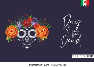 Sugar skull for Day of the Dead Halloween celebration. Traditional Mexican autumn festival. Invitation flyer template with text: day of the dead. Greeting card with black background.