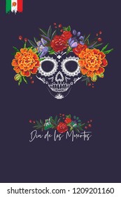 Sugar skull for Day of the Dead Halloween celebration. Traditional Mexican autumn festival. Invitation flyer template with text: dia de los muertos - day of the dead.