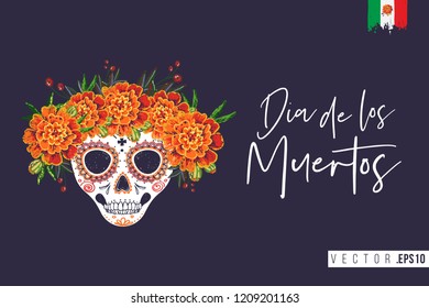 Sugar skull for Day of the Dead Halloween celebration. Traditional Mexican autumn festival. Invitation flyer template with text: dia de los muertos - day of the dead.