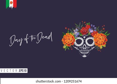 Sugar skull for Day of the Dead Halloween celebration. Traditional Mexican autumn festival. Invitation flyer template with text: day of the dead. Greeting card with black background.