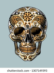 Sugar Skull. Day Of The Dead Mexican symbol. Vintage color engraving stylized drawing. Vector illustration