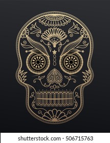 Sugar Skull day of the dead. Mexican style golden effect skull illustration.