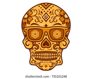 sugar skull. day of the dead wear sunglasses.Dia de los Muertos vector illustration