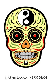 sugar skull day of the dead, yin and yang design, yellow color, colorful, vector